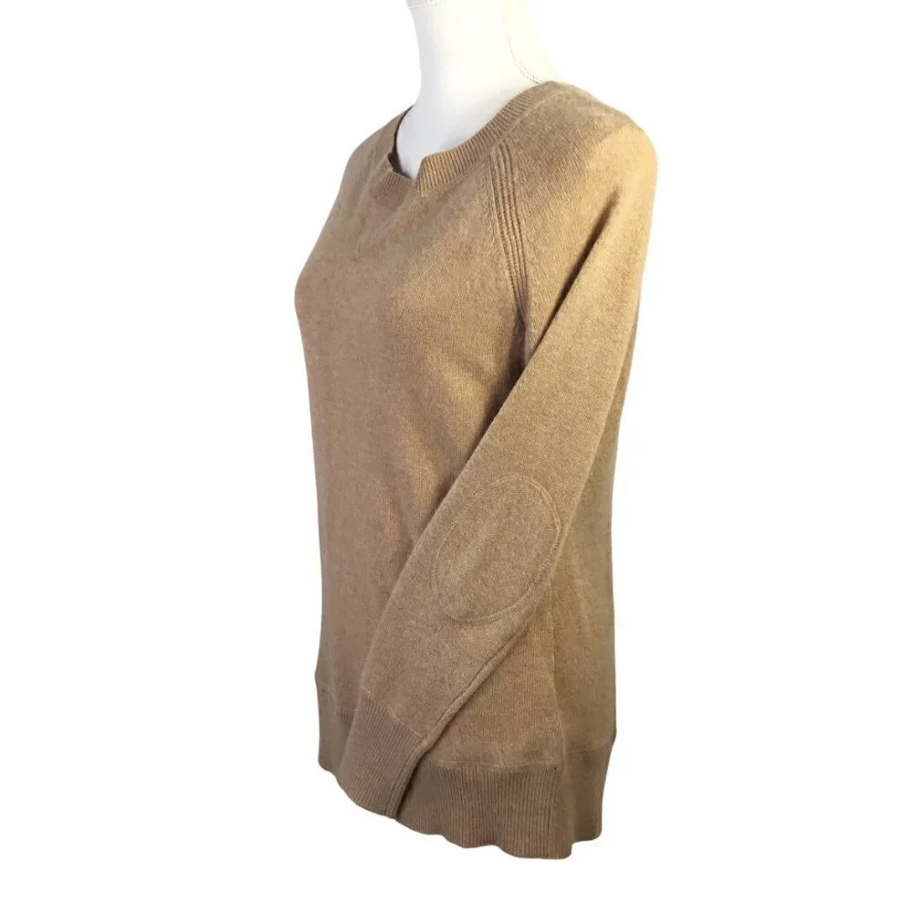 Vertical Design Cashmere Wool Blend Sweater Long Sleeve Beige Size M Elbow Patch - Picture 3 of 8